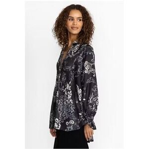 Johnny Was Women 100% SILK Olivia Kita Tunic Top Large Gray Black Floral Boho